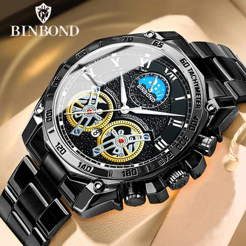 Binbond Fashion Sports Watch Men Double Tourbillon Decoration Quartz Pánske hodinky Multifunkčné svetelné vodotesné náramkové hodinky