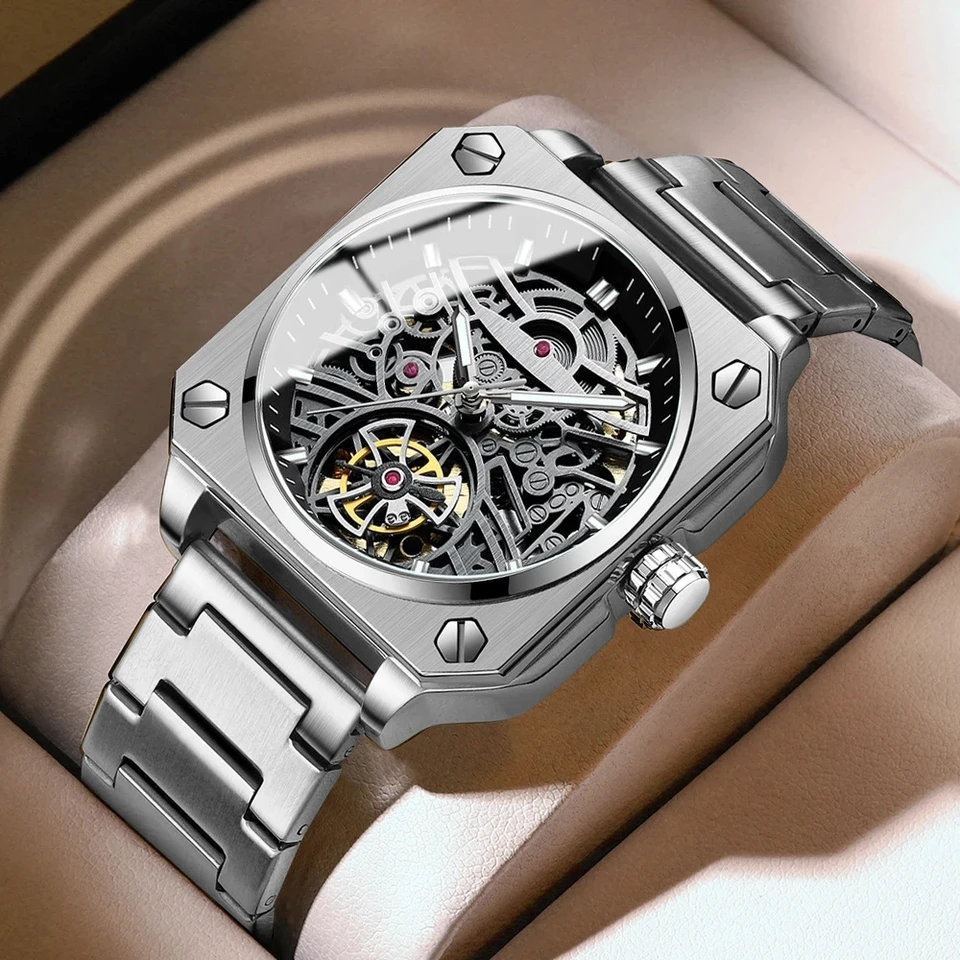 Binbond-H1133 Tourbillon Mechanical Men's Watch Automatický oceľový náramok Skeleton Top Brand Luxury Watch New 2024
