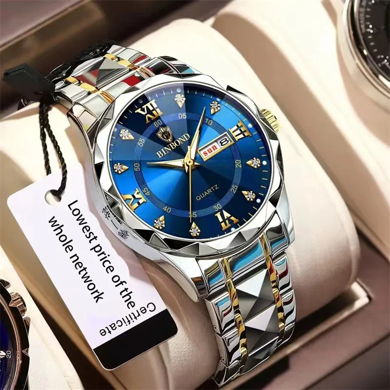 Binbond Man Wristwatch Top Brand Luxusný vodotesný svetelný dátum týždeň Men Men hodinky z nehrdzavejúcej ocele Quartz Pánske hodinky Muž Reloj