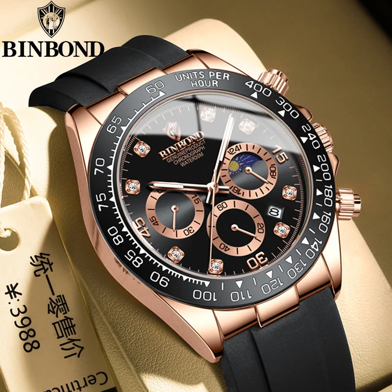 Binbong Quartz Watch for Men Silikónový remienok Mesiac Fázový dátum chronograf vytočte vodotesný športový módny obchod Pánske náramkové hodinky