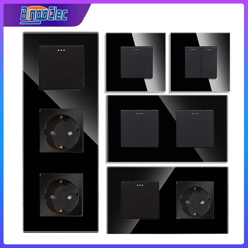 Bingoelec Black Luxury Crystal Templed Glass Panel 1/2/3 Gang 1/2 Way Svetlo zapína/vypínač nástenného spínača pre vylepšenie domácnosti