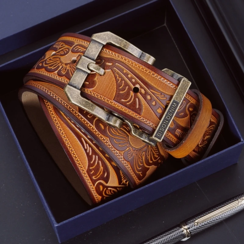 Bison denim Originálne kožené cowhide muži opasok vintage pásový remienok módna pin pracka Muž Najlepší darček Príležitostné pásy pre džínsy