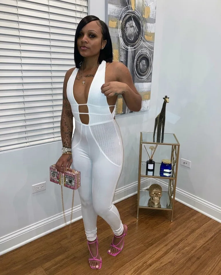 Bkld Club Outfits Dámske oblečenie Sexy hlboký krk v krku v krku Out bez rukávov čierny Bodycon BodySuit Fitness kombinéza Solid Color