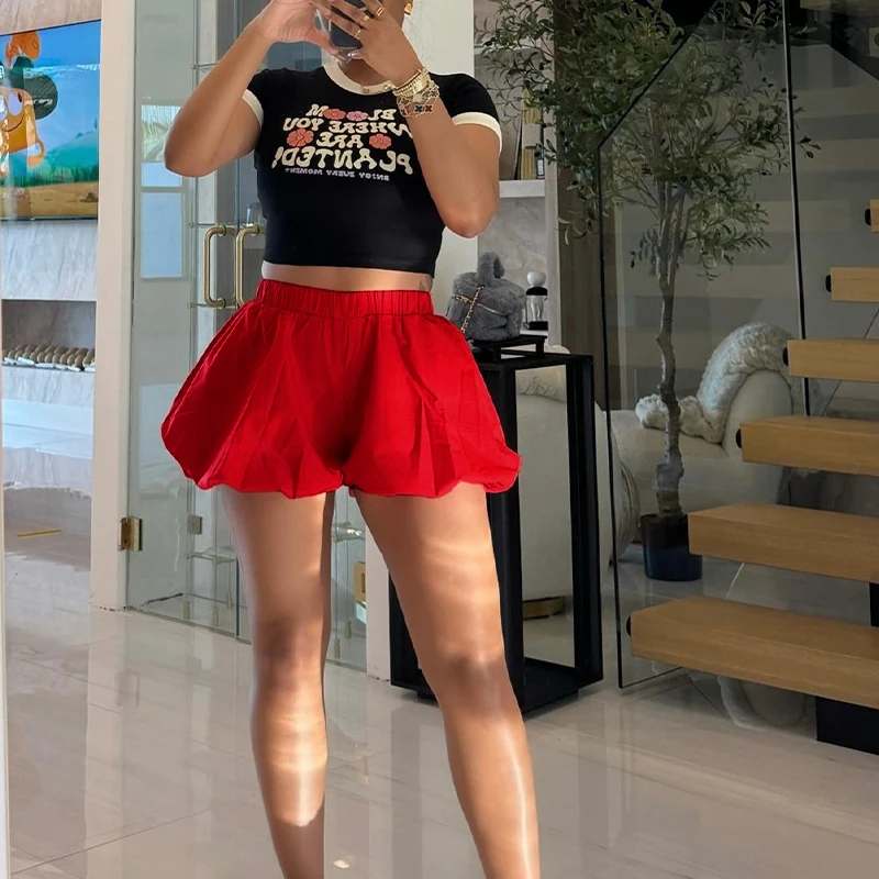 Bkld dvojvrstvový bublinový nadýchaný elastický pásový šortky sexy príležitostná pevná farba Ženy skladané krátke nohavice Denné dno streetwear dno