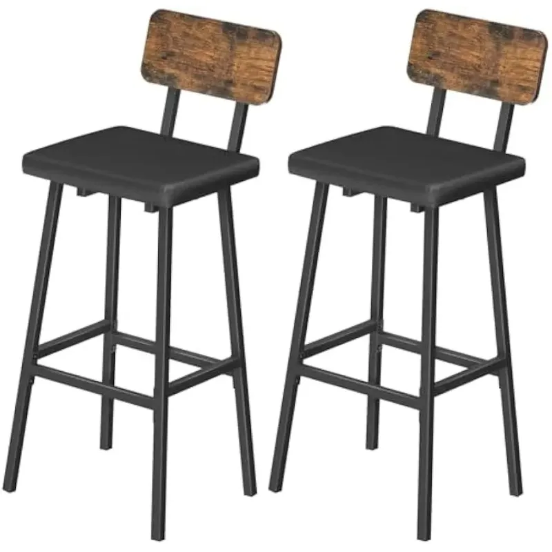 Black Bar Stools, sada 2 PU čalúnené stoličky s vysokým barom, kuchynské stoličky s nohami, barové stoličky