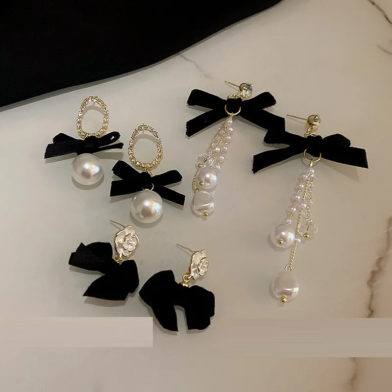 Black Bow Pearl Cute náušnice pre ženy 2024 Luxusné dlhé závesné náušnice