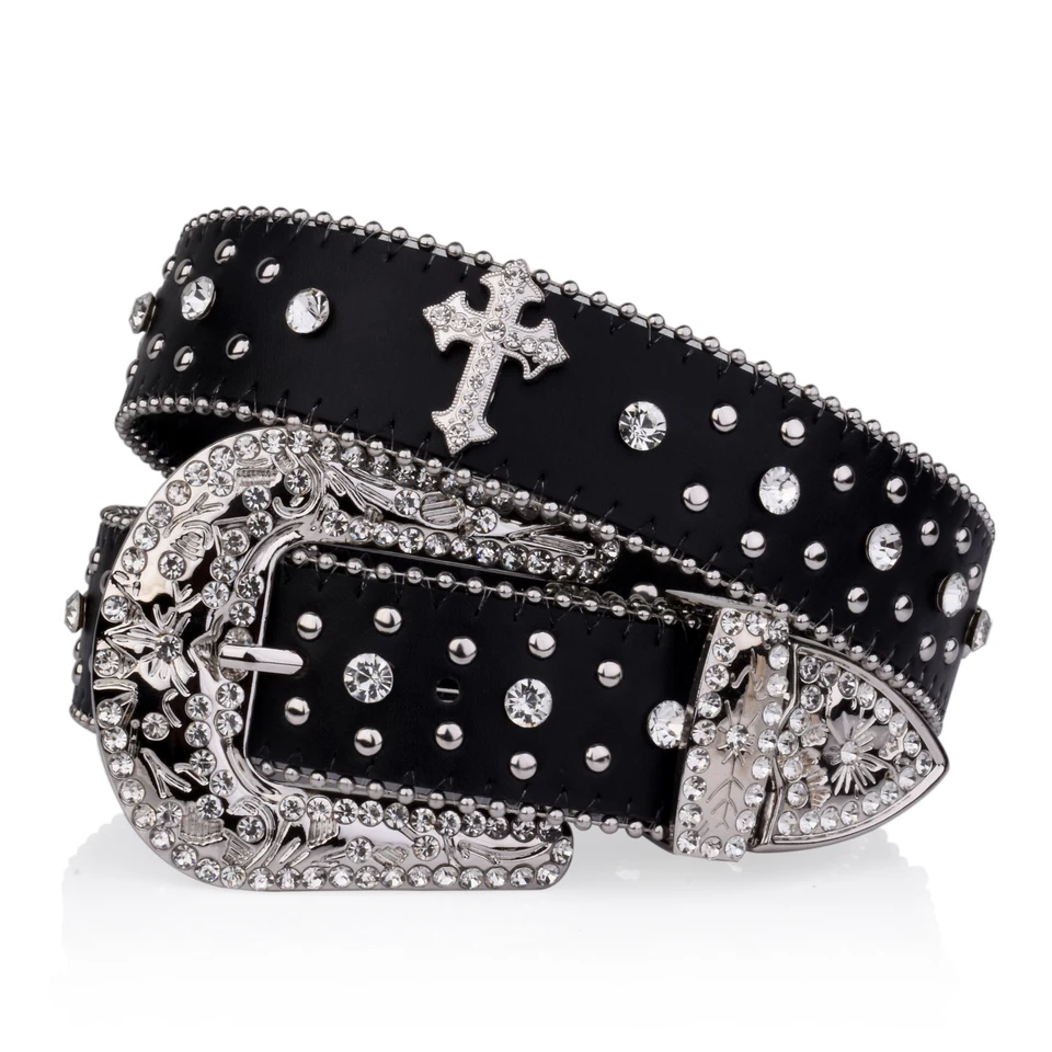 Black Cross Nivet Belt Rytle Buckle Decan Decor Decor Pu Base Hip Hop Dácia