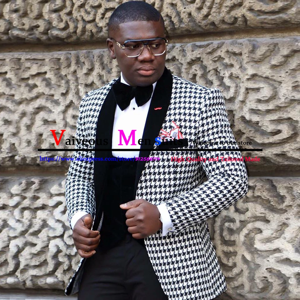 Black Houndstooth Svadobné obleky pre mužov 3 kus Slim Fit Casual Groom Tuxedo African Male sako s súprava na mieru vyrobené pánske obleky