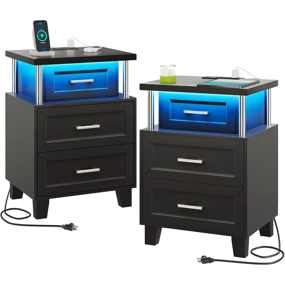 Black Night -Stand Set 2, LED nočný stojan set 2 s nabíjacou stanicou, moderný nočný stolík s 3 drawere
