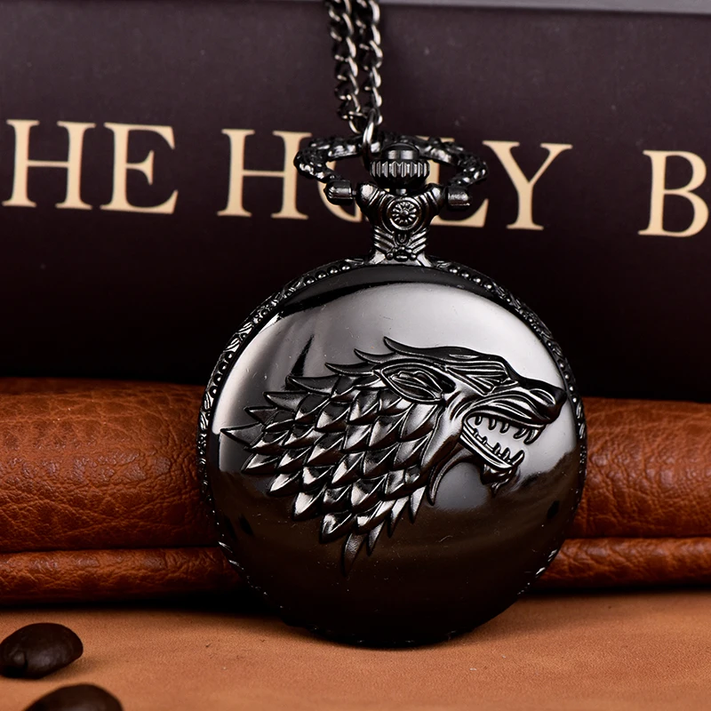 Black Wall Watch Wolf Head Pattern Pocket Watch
