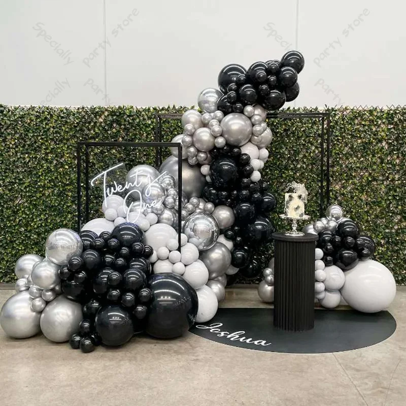 Black White Latex Balloon Arch Garland Kit kovový chrómový strieborný balón Svadobná svadobná sprcha k narodeninám dekorácia Globos