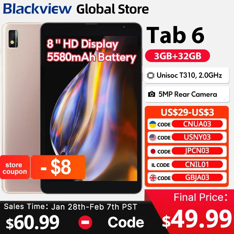 BlackView Tab 6 Tablet 8 '' HD Displej UNISOC T310 3GB 32 GB 3G 3,5 mm Jack 5580 mAh batériu WiFi 5MP Camera Android 11 PAD PC