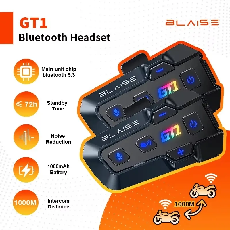 Blaise GT1 Motocykel Bluetooth Intercom Zdieľanie hudby 2 Riders 1000 m prilba Komunikačný reproduktor náhlavná súprava