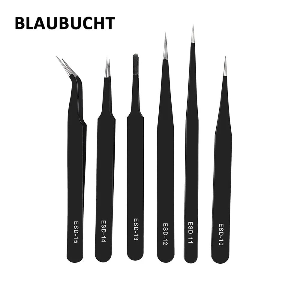 Blaubucht Tweezers Electronic 6ks Ant-Static Tweezere Anatomický chirurgický antimagnetický nástroj SMD ESD pinzety na spájkovanie