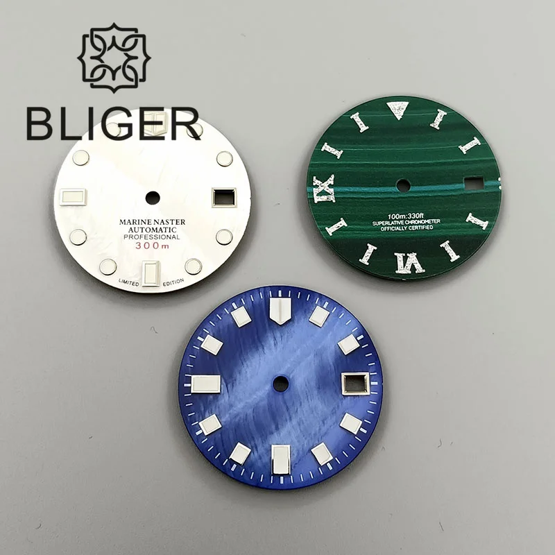 Bliger 29mm hodinky s číselníkom s matkou Pearl Grain Blue White Green Index pre NH35 Automatické výmenné výmeny hodiniek