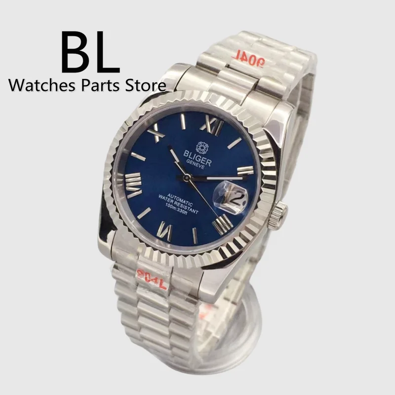 Bliger 36mm/39 mm automatické hodinky pre mužov NH35 Mingzhu Miyota PT5000 Pohyb flutovaný zarámový sklenený sklenený modrý číselník Jubile