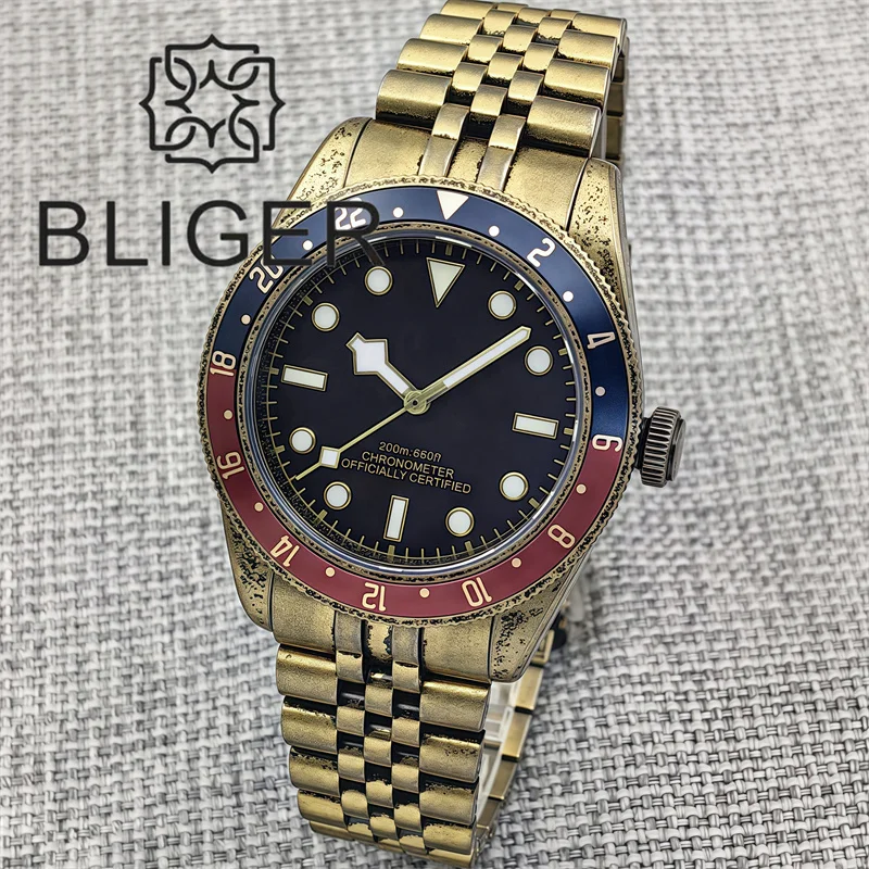 Bliger 39 mm retro luxusné potápače hodinky NH35 Mechanické hodinky pre mužov plné bronzové ruky ruky zafírové sklo
