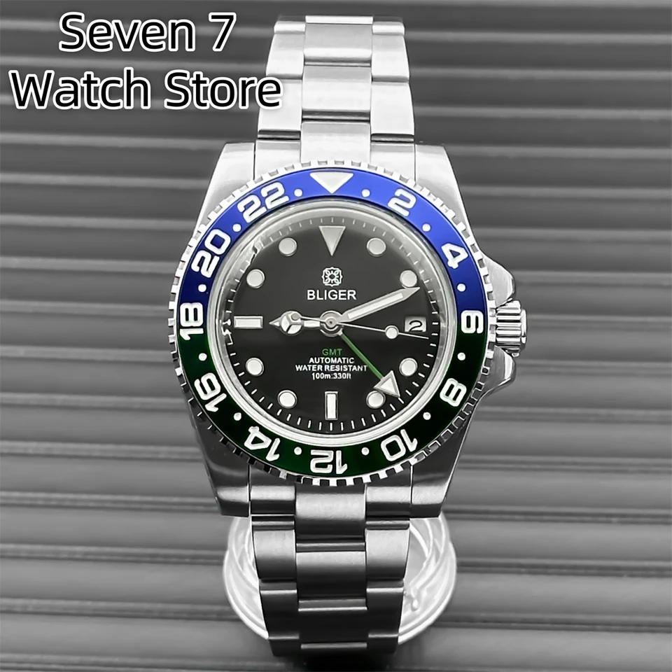 Bliger 40 mm NH34 Automatický pohyb Retro Gear GMT Dvakrát pánske retro hodinky Zelené svetelné zafírové sklo 24 -hodinové ráme