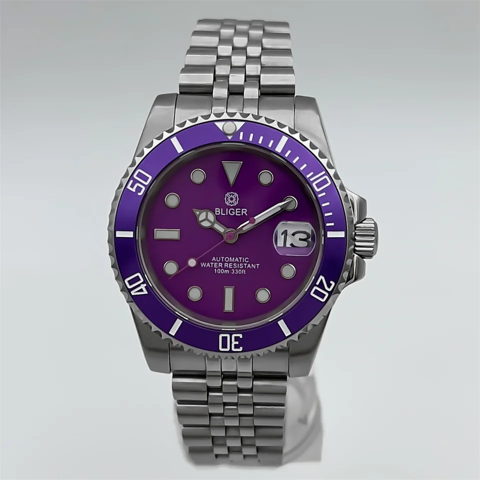 Bliger 40 mm pánske automatické potápačské hodinky NH35A Sapphire Glass Rotujúce ráme Fialové vytáčanie Hliníkový rám z nehrdzavejúcej ocele