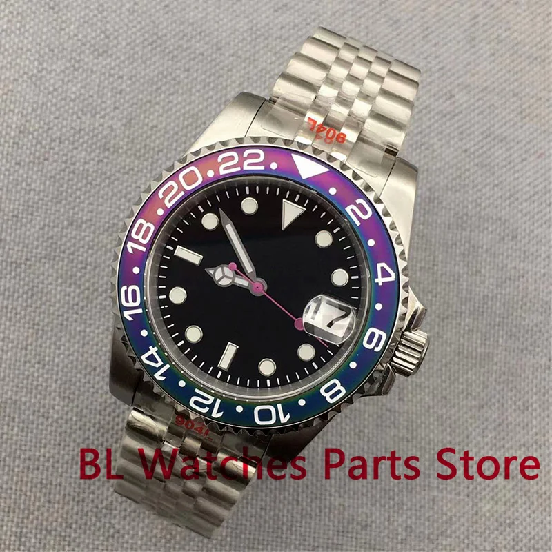 Bliger 40 mm sterilné NH35A Automatické hodinky pre mužov čierna fialová vložka zafírovaná sklenená skrutka koruna Svetlá ruky Stanless oceľ