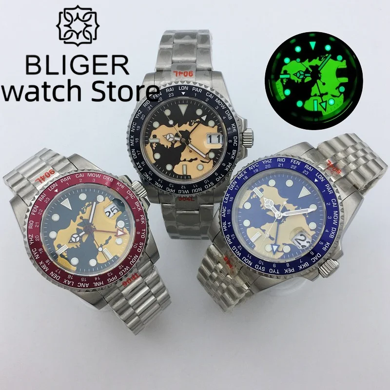 Bliger NH34A Pánske automatické hodinky 40 mm všestranný číselník GMT obsahuje Sapphire Glass 316L Náramok z nehrdzavejúcej ocele z nehrdzavejúcej ocele