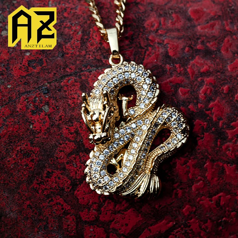 Bling China Dragon Pendants Plné kubické zirkónové ľadové náhrdelník pán Dámska zlatá farba náhrdelník Goth Jewelry Darček