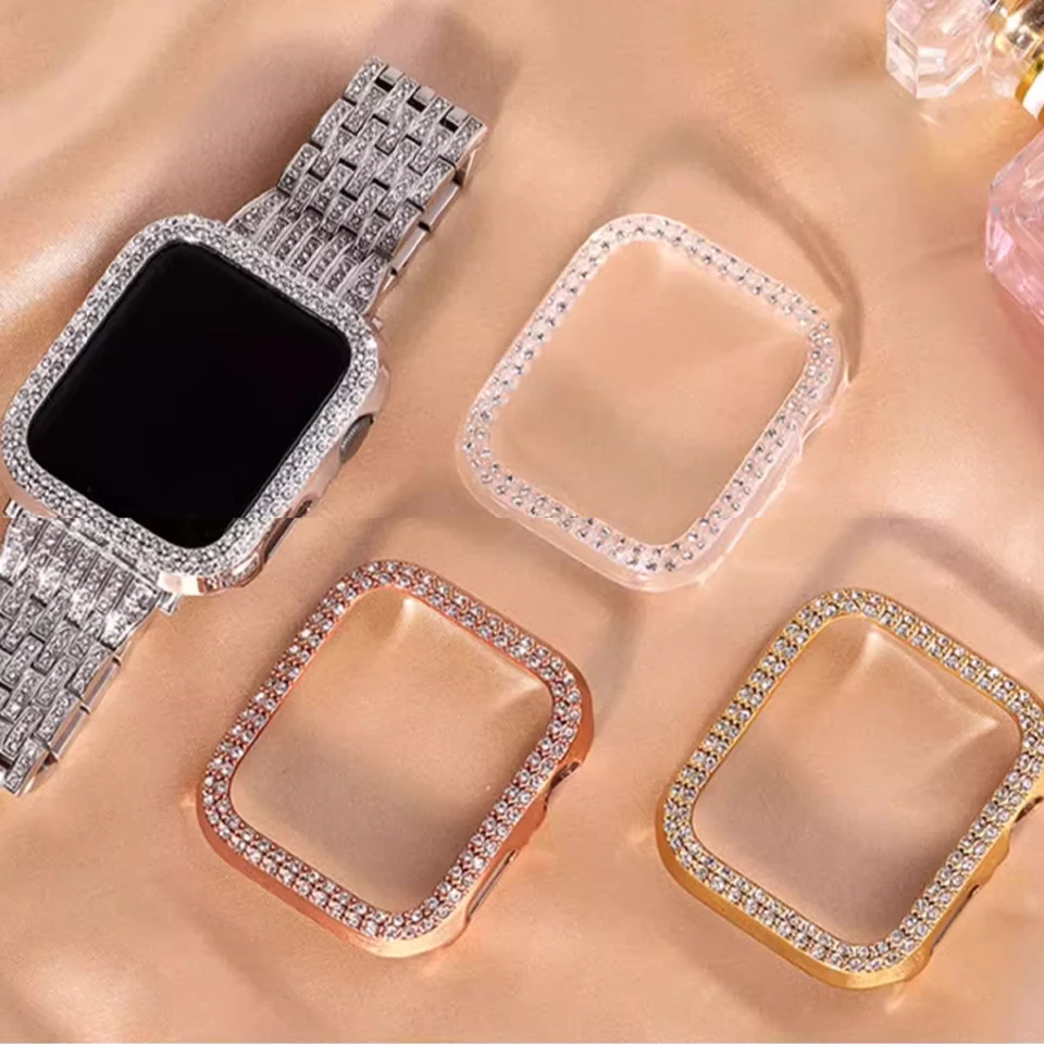 Bling sklo+kryt pre puzdro na hodinky Apple 44 mm 45 mm 41 mm 40 mm diamantový nárazník+chránič obrazovky ochranca série Iwatch 7 9 8 5 6 SE