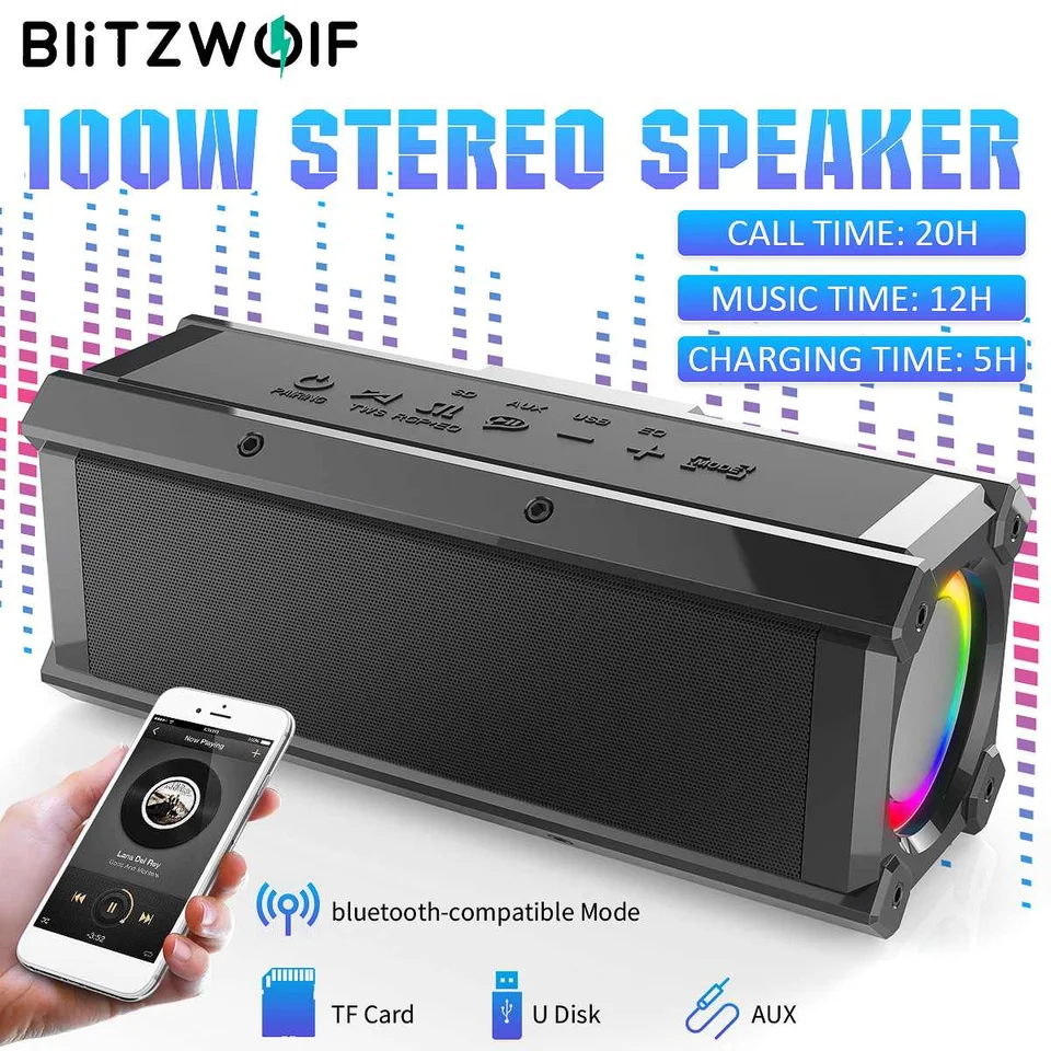 Blitzwolf BW-WA3 100W Bluetooth reproduktor Quad Kvokri Duálne membránové hlboké basy RGB Light TWS 5000 mAh IPX5 Outdoor reproduktory