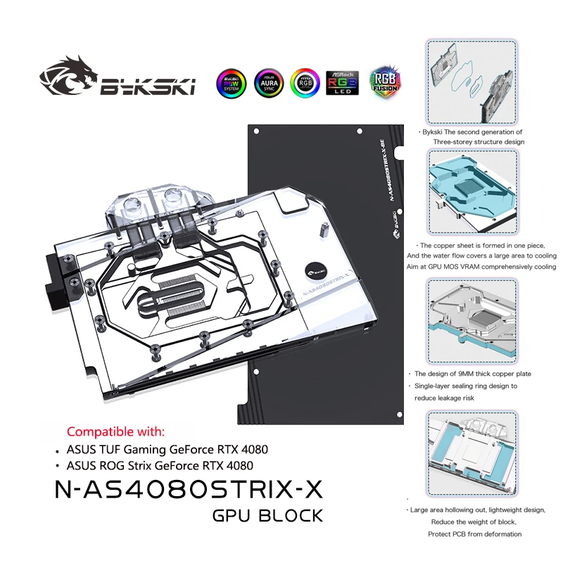BLOKSKI 4080 GPU COLLEGING BLOCK BLOCK pre ASUS ROG STRIX GEFORCE RTX 4080 Vodný chladič na mieru chladiaceho bloku N-AS4080STIX-X