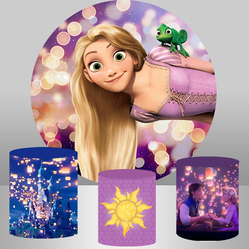 Blond rapunzel princezná Round Circle BACDROP Kady pre dievčatá všetko najlepšie k narodeninám dekor Candytable Banner obaly