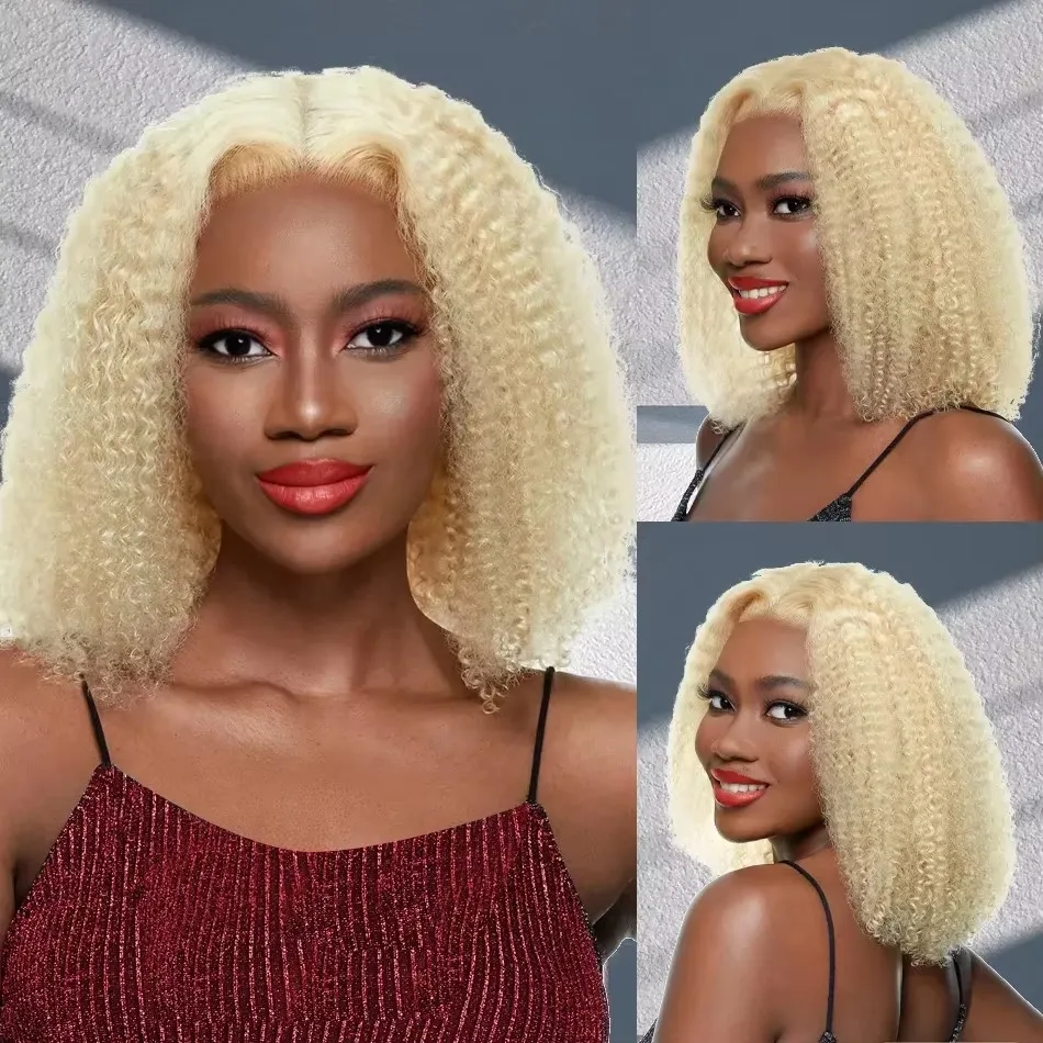 Blondínka sfarbená kučeravá 613 Krátky bob bez Glueless predné ľudské vlasy Brazílske 13x4 hlboké vlny 200 Hustota Parochňa ľudské vlasy pre čierne ženy