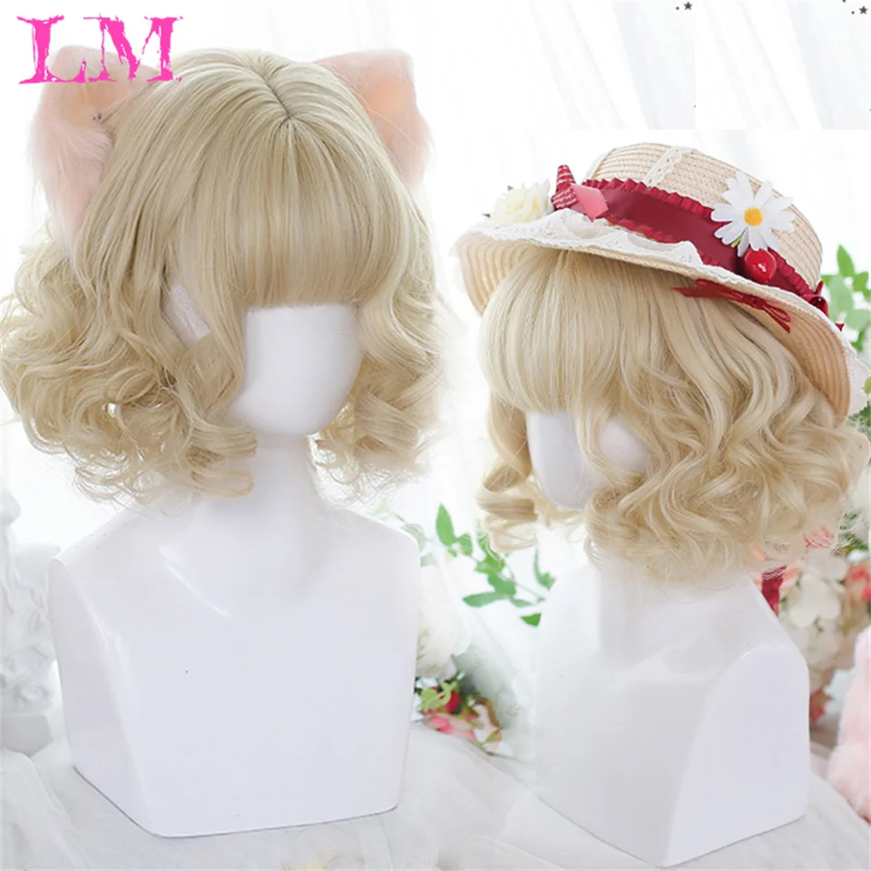 Blondínka Stručne kučeravá bobová syntetická parochňa s treskami Plani Golden Lolita Cosplay parochne pre ženy Denné párty Cosplay tepelne odolné voči tepelne