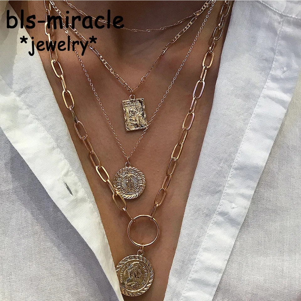 BLS-Miracle 4ks/Set Punk Gold Color Round Rukovry náhrdelníky pre ženy Dlhý prívesok a náhrdelník 2019 Darček pre šperky