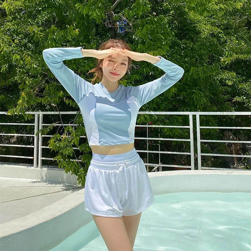 Blue Bikinis High pás šortky dva kusy plavky Ženy plavky pláž plážový oblek kórejský športový bikini set bazén Bather 2024