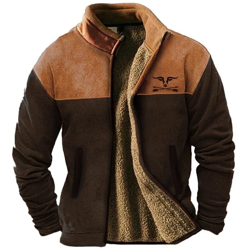 Blue Brown Stand Up golier fleece zimný dizajn Grafické pánske denné príležitostné pohodlné dovolenka zips teplý kabát s fleece jack