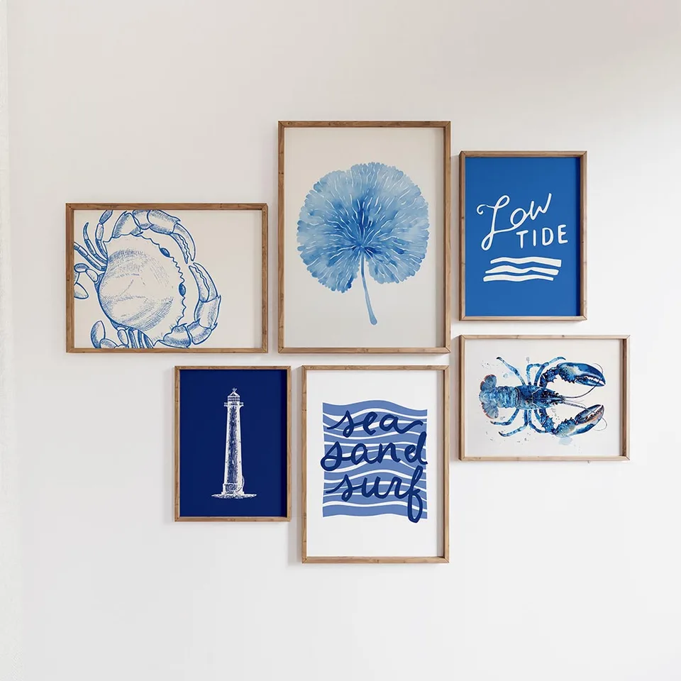 Blue Coastal Gallery Wall Plagát, moderné plážové nástenné umenie, východné pobrežie, more život, krabie homáre výtlačky maľba plátna, domáci výzdoba