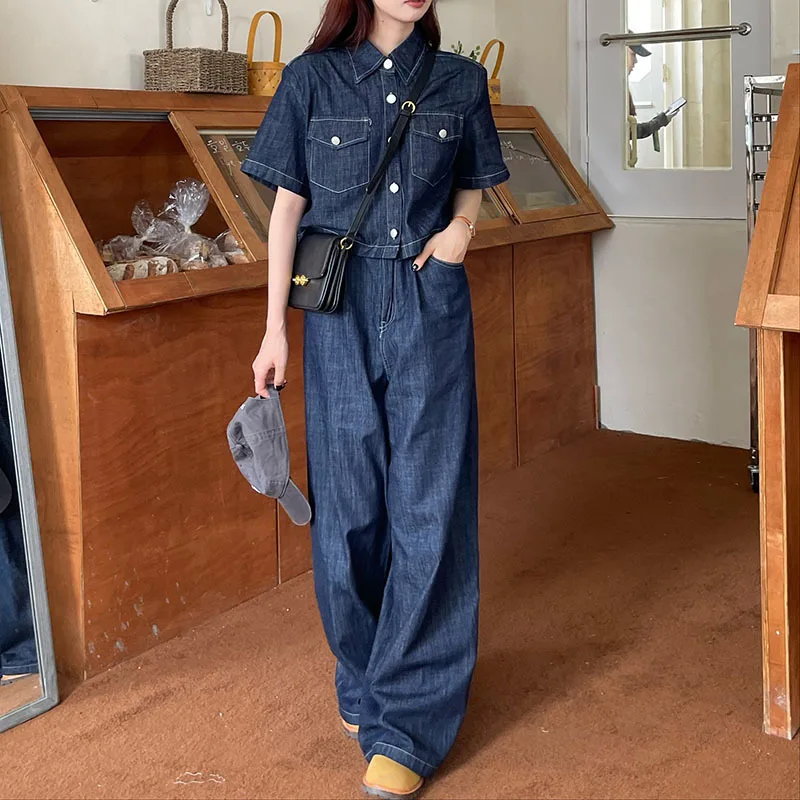Blue Denim Dva kusy súpravy Ženy Loose Chic Elegance Summer Summer Ruckve Coats 2024 Jeanswear New High PAist Slim Pants Suits
