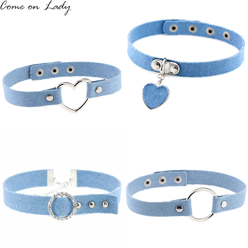 Blue Denim Heart Pendant Choker Náhrdelník pre ženy džínsové džínsové džínsy tetovanie Collar Collier Ras de Cou Colar Bijoux femme CR037