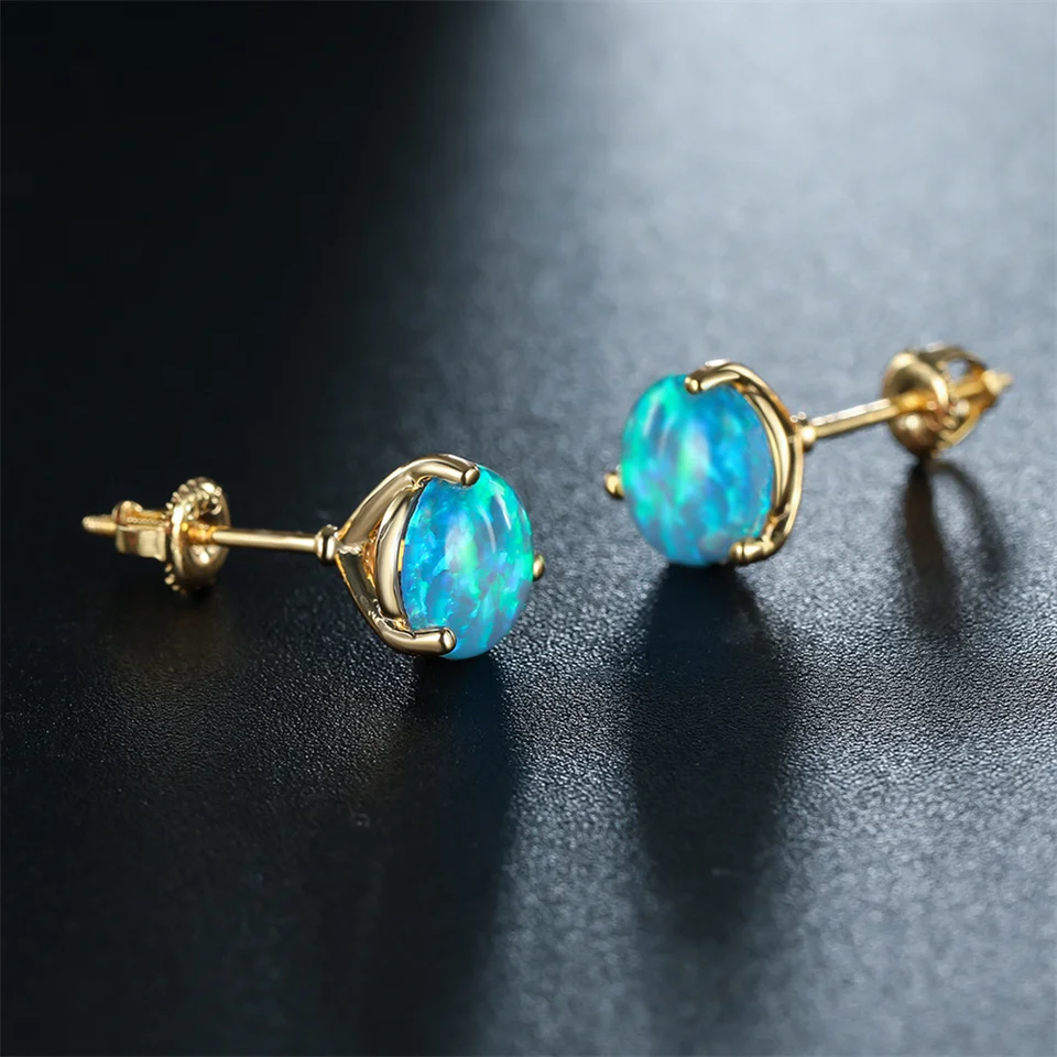 Blue Fire Opal Stud náušnice 6/7/8 mm okrúhle kamenné skrutky zadné náušnice pre ženy