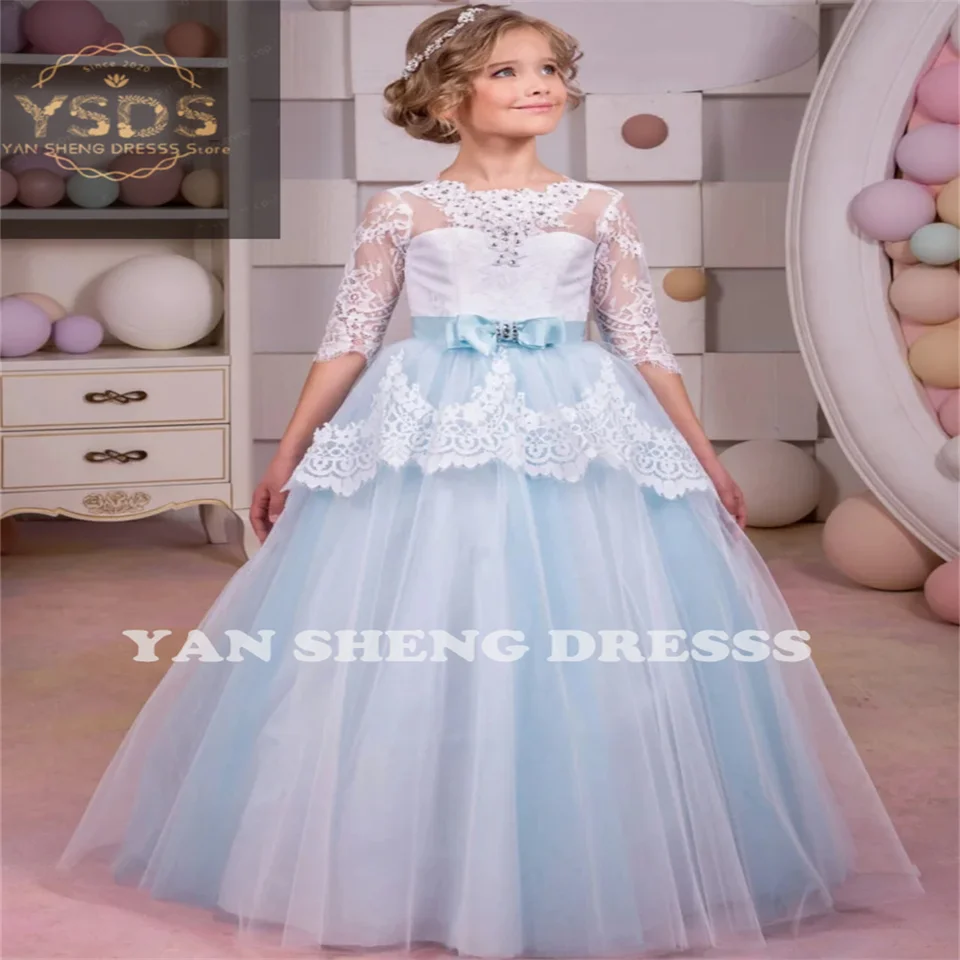 Blue Flower Girl Šaty Tylle White Lace Appliques s lukom polovičným rukávom na svadobnú narodeninovú oslavu prvé spoločenské šaty
