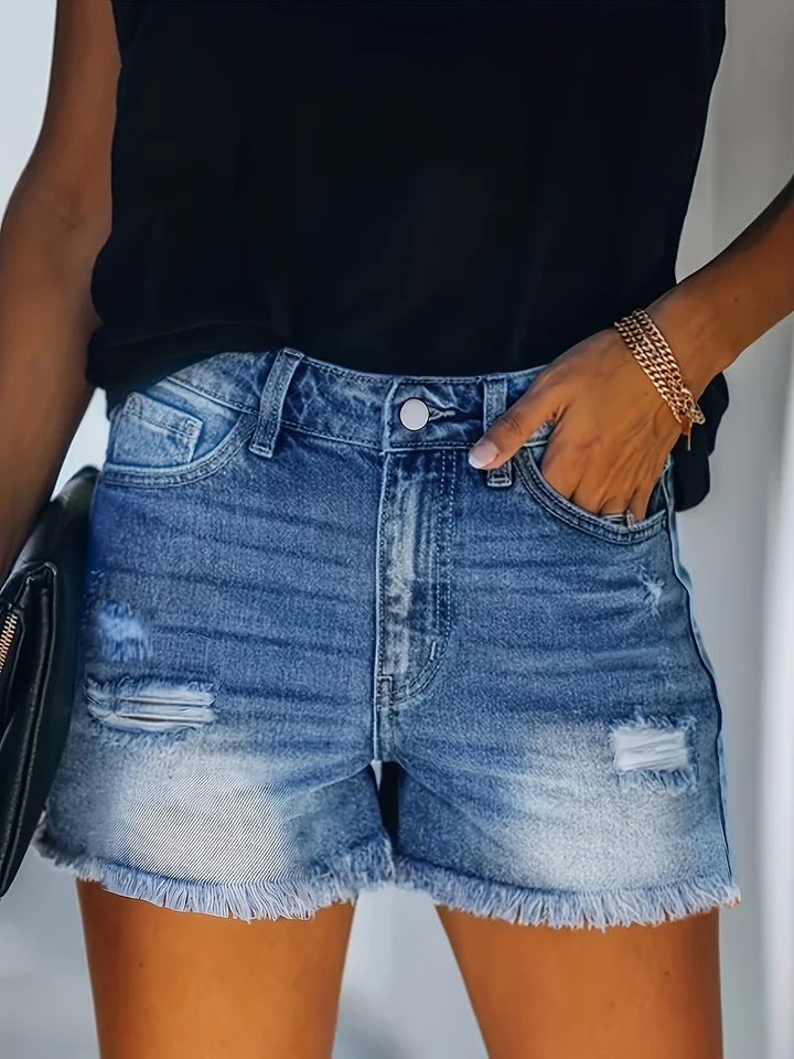 Blue Frayed lem Denim Shorts, roztrhané diery lomítko krátke džínsové nohavice, dámske džínsové džínsy a oblečenie
