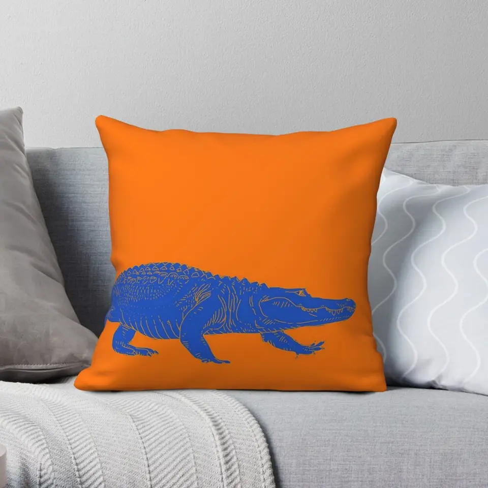 Blue Gator na oranžovom štvorcovom vankúšu polyesterové bielizeň Velvet potlačená zips dekor vankúšový puzdro Domáce puzdro na vankúše