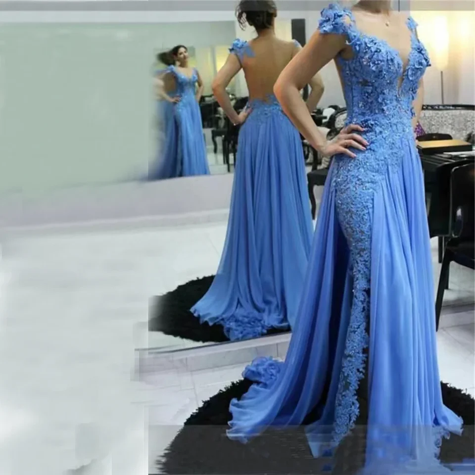 Blue -Lace Applique Pearls Beads Matka nevesty šaty o krk ilúzia štrbina večera večierok ples
