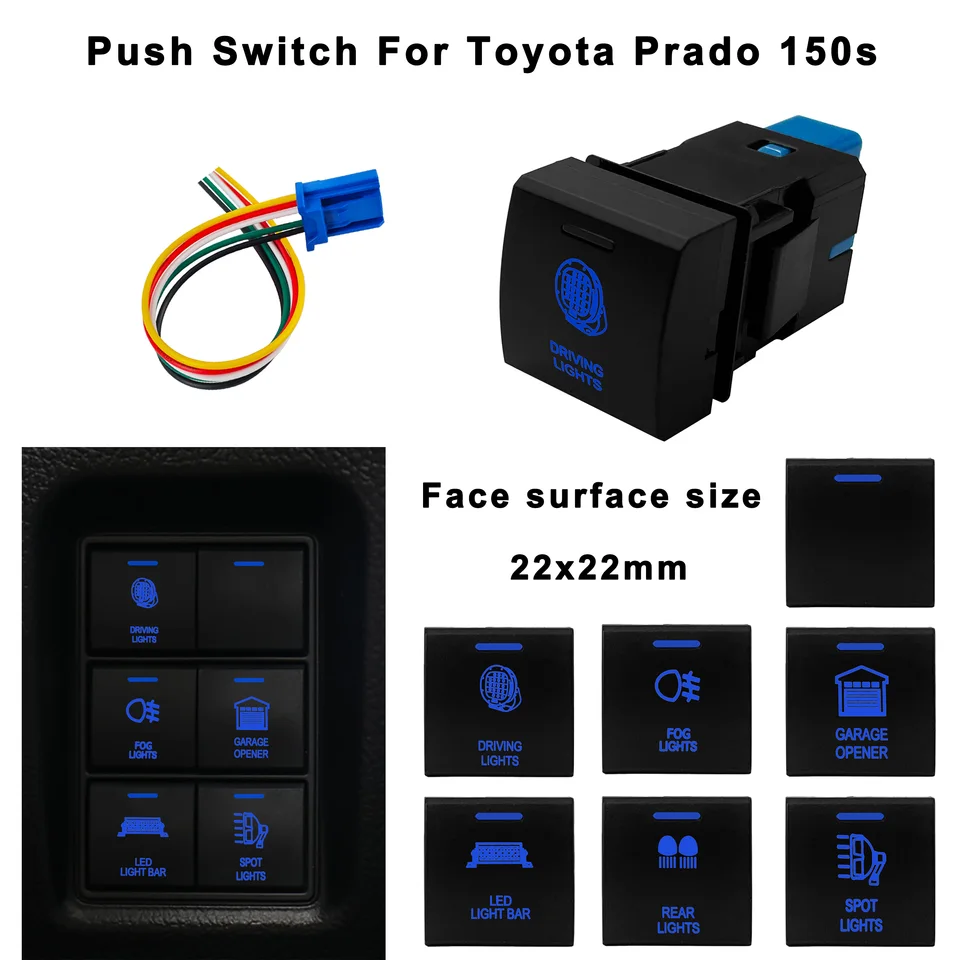 Blue LED 12V LED LED Svetlo stlačte spínač tlačidla s Connctorom pre Toyota Landcruiser Prado 150 s 22 mm x 22 mm, roh, hmlové svetlo