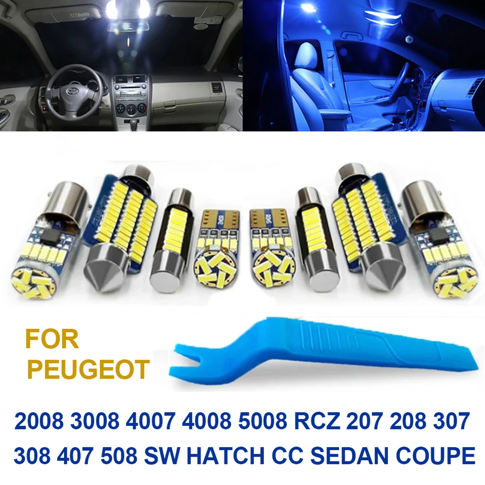 Blue LED auto interiérové ​​svetlá Canbus pre Peugeot 2008 3008 4007 4008 5008 RCZ 207 208 307 308 407 508 Biela vnútorná signálna žiarovka