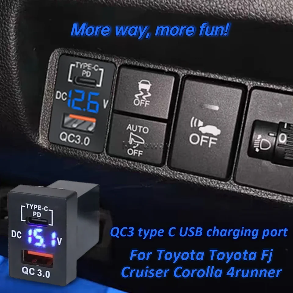 Blue LED Voltmeter Display nabíjačky Quick USB nabíjačka pre Toyota Land Cruiser LC200 Highlander 2021 FJ Cruiser 4 Runne Interiér