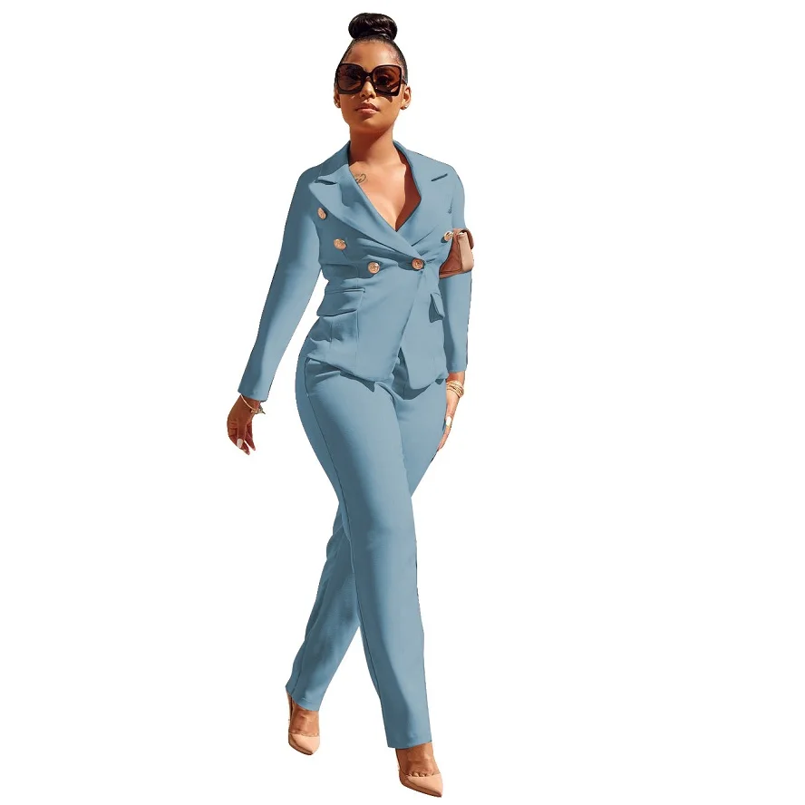 Blue Luxury Designer 2 -Piece Set Outfits Black Office Suit For Women 2023 Button Up Blazer Long Pants Suit Top Blazer Set Ženy