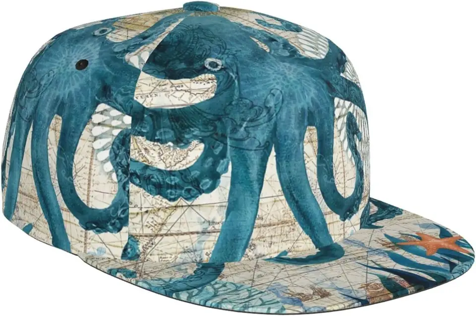 Blue Octopus Námorná mapa vzor Plat Bill Hat, Unisex Snapback Baseball Cap Hip Hop Style Plochý Plant Blank nastaviteľný