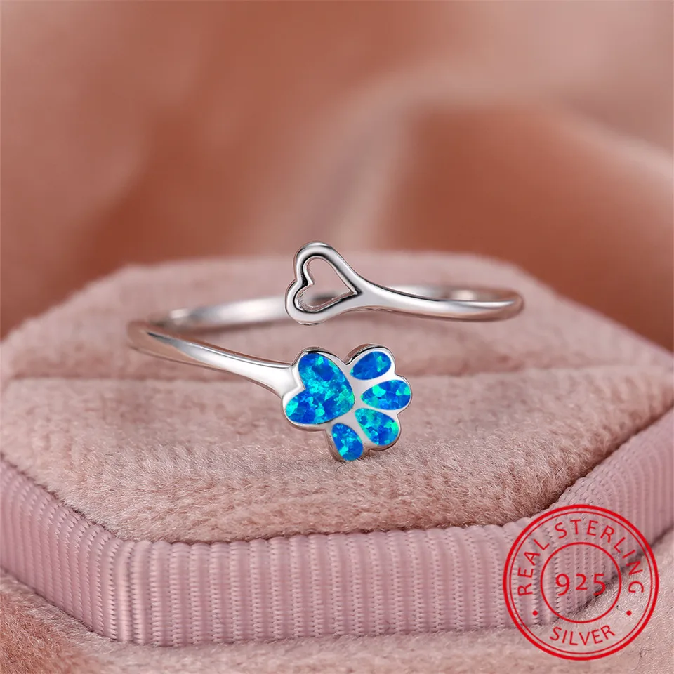Blue Opal Heart Stone Cat Paw Dog Claw Otvárací prsteň Real 925 Sterling strieborné zásnubné prstene pre ženy svadobné kapely šperky