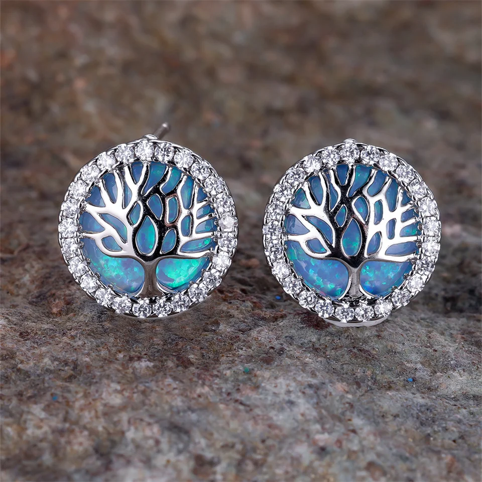 Blue Opal Round Stone Cute Life Tree Stud náušnice pre ženy vintage strieborná farba svadobné šperky svadobné zásnub